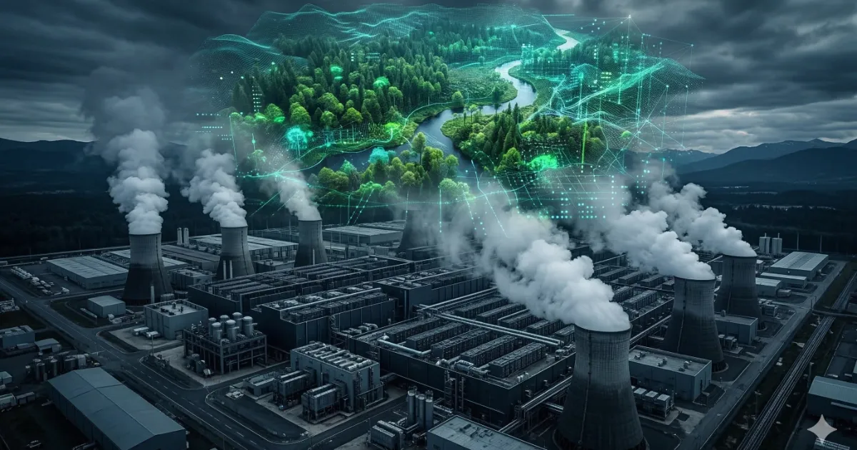 A high-contrast digital wireframe of a forest ecosystem overlaying a massive data center emitting steam from its cooling towers.