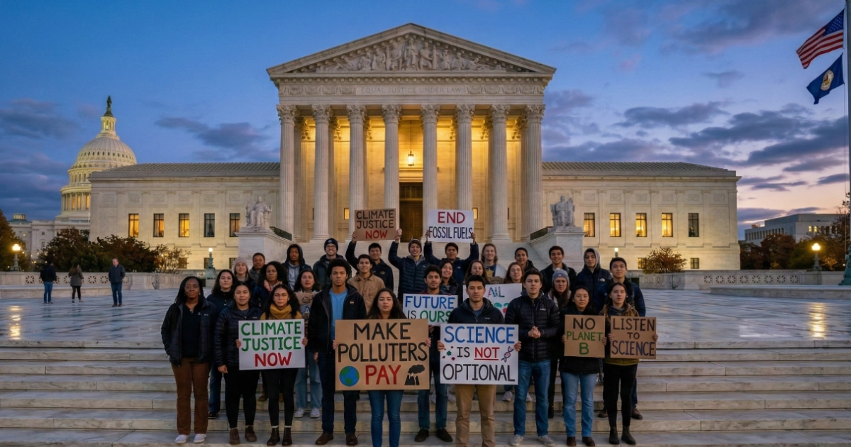 Exterior of the U.S. Supreme Court building at dusk, with protest signs reading 'Make Polluters Pay' and 'Science Is Not Optional' visible at the base of the steps