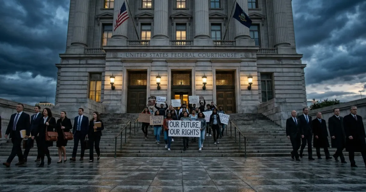 Three groups of people — lawyers, young activists, and state officials — converging on the steps of a federal courthouse under a dramatic overcast sky, with protest signs reading 'Science Is Not Optional' and 'Make Polluters Pay'
